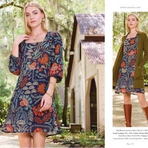 Spartina 449 Lilly Dress Navy and Orange Floral Pattern
